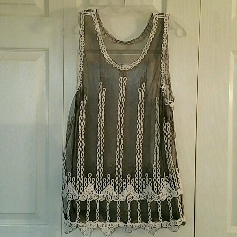 Black Sheer with cream Embroidered Top